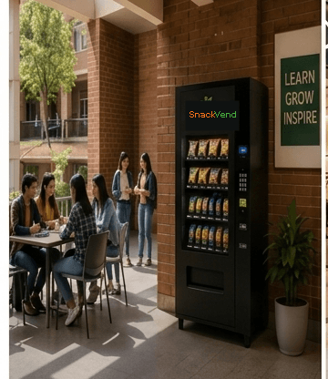 College campus with students and a vending machine