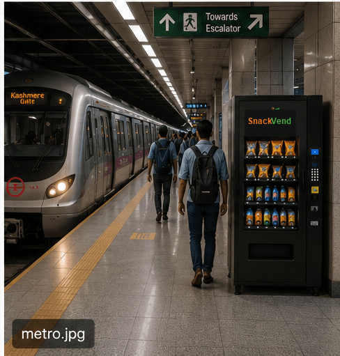 Metro station with commuters and a vending machine